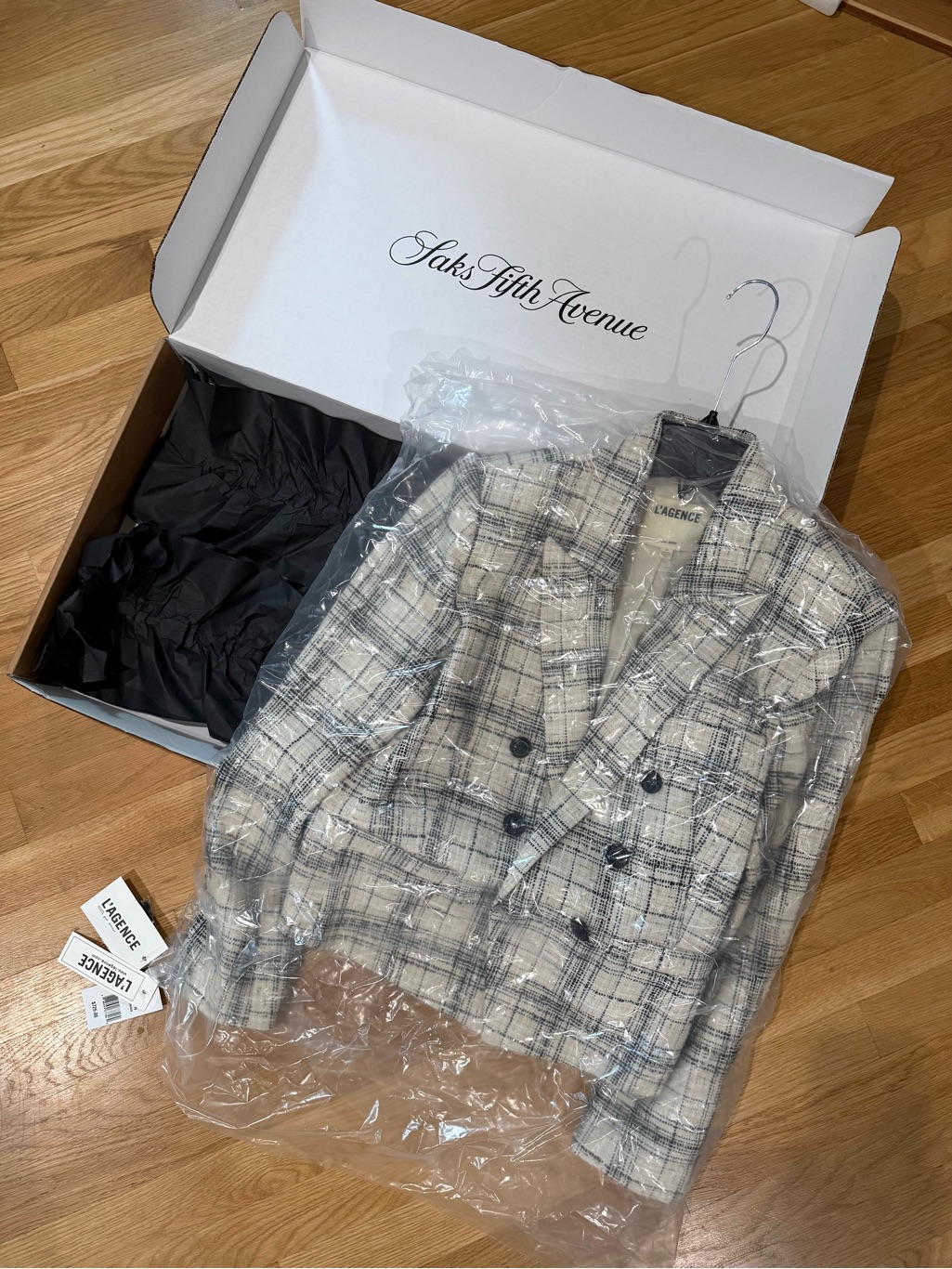 Nwt L'agence Cream And Black Plaid Double-Breasted Tweed Blazer